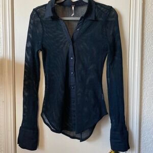 Free People Sheer Mesh Button Down Top Long Sleeve Blouse